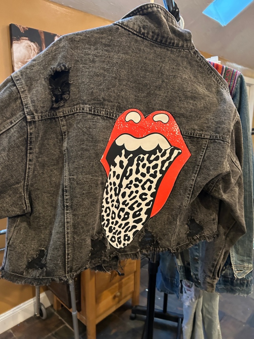 Upcycled Distressed Cropped, Rolling Stones, Jean Jacket